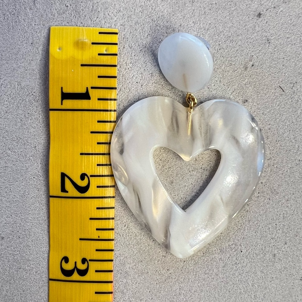 Drop Heart Earrings for Valentines Day, White Marbled Acetate‎ - Picture 7 of 7